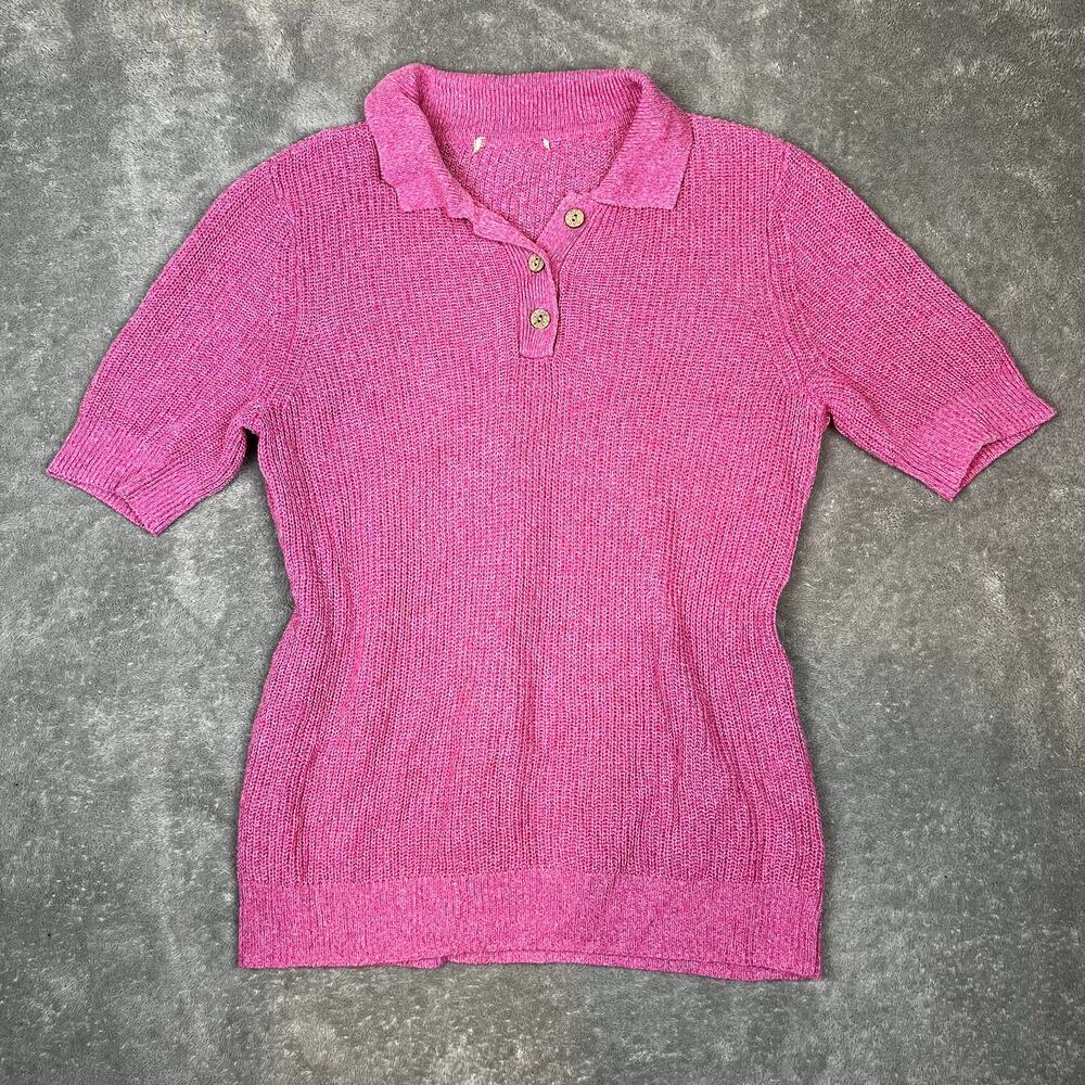 Short Sleeve Polo Sweater Tshirt Womens S Linen Blend Pink Preppy Lightweight